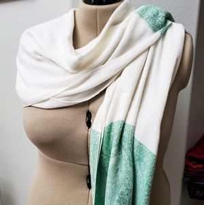 White & Teal Pashmima Scarf XL Color Block Paisley Weave